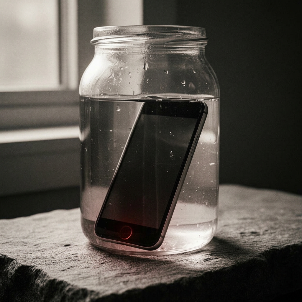 Editorial-Schwarz-Weiß-Foto eines Smartphones, das in einem klaren Glasgefäß mit Wasser auf einer Steinoberfläche versenkt ist, wie ein Präparat im Labor, weiches Seitenlicht