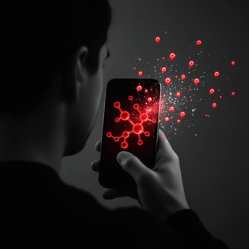 Editorial-Schwarz-Weiß-Foto einer Person von hinten mit Smartphone; auf dem Display leuchten rote Dopamin-Molekül-Strukturen, kleine rote Benachrichtigungspunkte fliegen wie Funken aus dem Bildschirm
