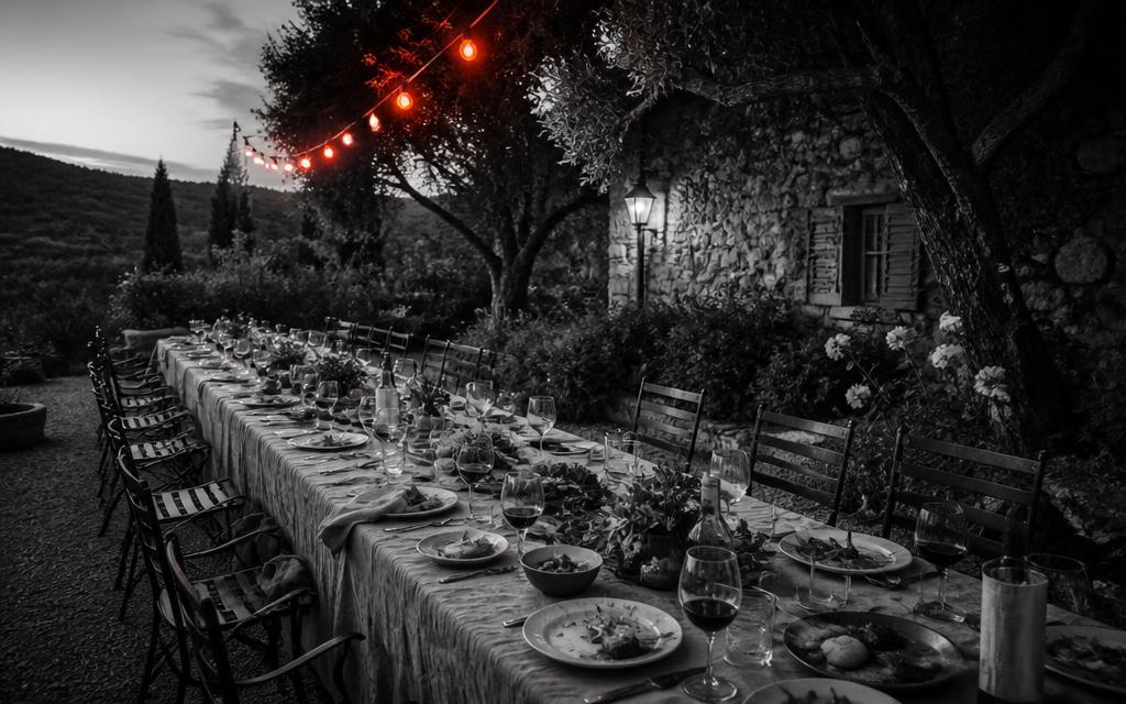 Editorial-Schwarz-Weiß-Foto mit rotem Akzent: eine lange, gedeckte Tafel unter freiem Himmel in der Provence am Abend, Weingläser, Lichterkette, leere Stühle — kein Handy in Sicht