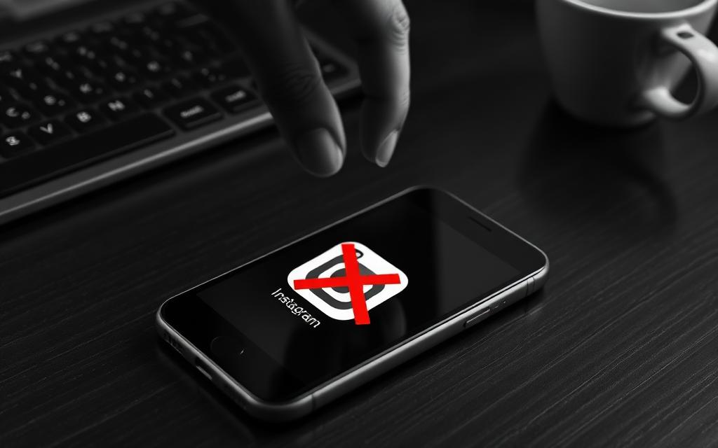 Editorial-Schwarz-Weiß-Foto mit rotem Akzent: ein Smartphone auf einem dunklen Schreibtisch, auf dem Display das Instagram-Icon mit einem leuchtend roten Kreuz überlagert, eine zögernde Hand darüber