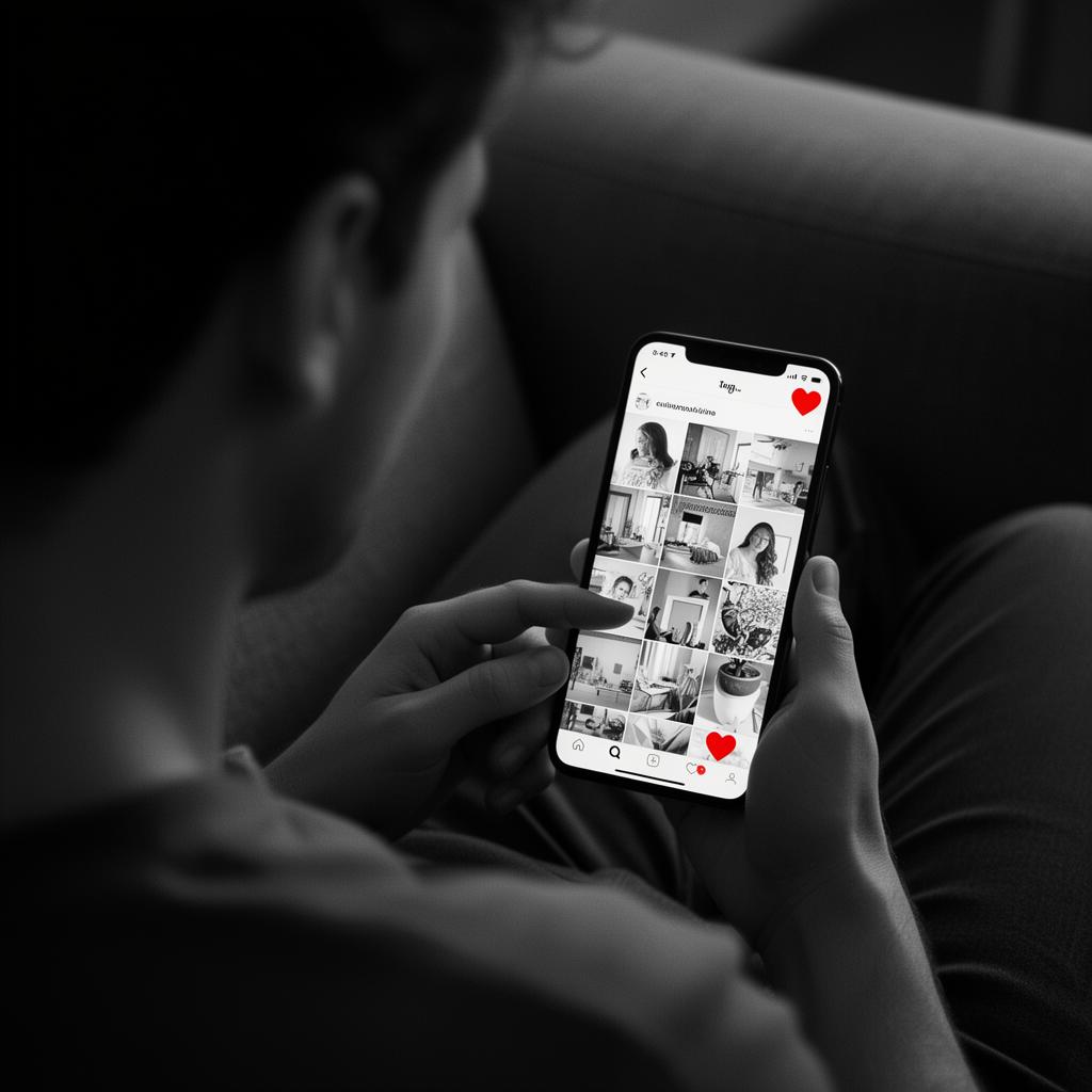 Editorial-Schwarz-Weiß-Foto mit rotem Akzent: ein Smartphone liegt auf einem Schreibtisch und zeigt einen Multiple-Choice-Test mit A-, B-, C-Optionen, daneben ein Bleistift und ein leerer Notizblock