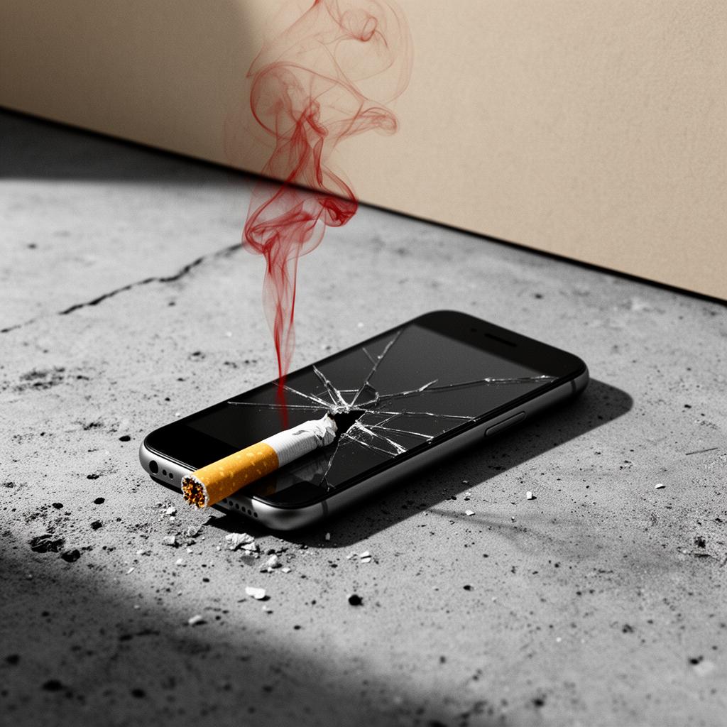 Editorial-Schwarz-Weiß-Foto eines zerbrochenen Smartphones und einer Zigarette auf Beton, mit einem dünnen roten Rauchschwaden, der aus dem gesprungenen Display aufsteigt