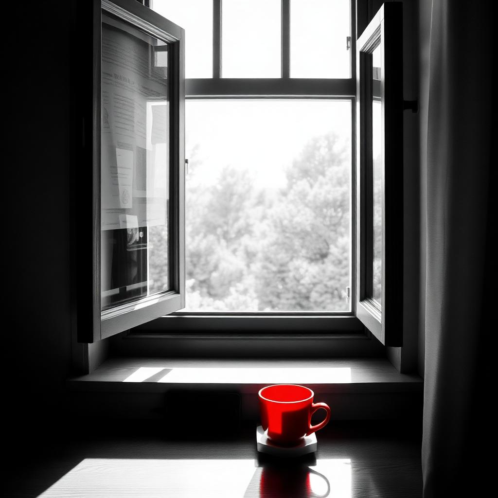 Editorial schwarz-weißes Bild mit rotem Akzent: ein geöffnetes Fenster, Morgenlicht, eine rote Kaffeetasse auf der Fensterbank, das Handy verdeckt — Sinnbild für ein ruhiges Leben ohne Social Media